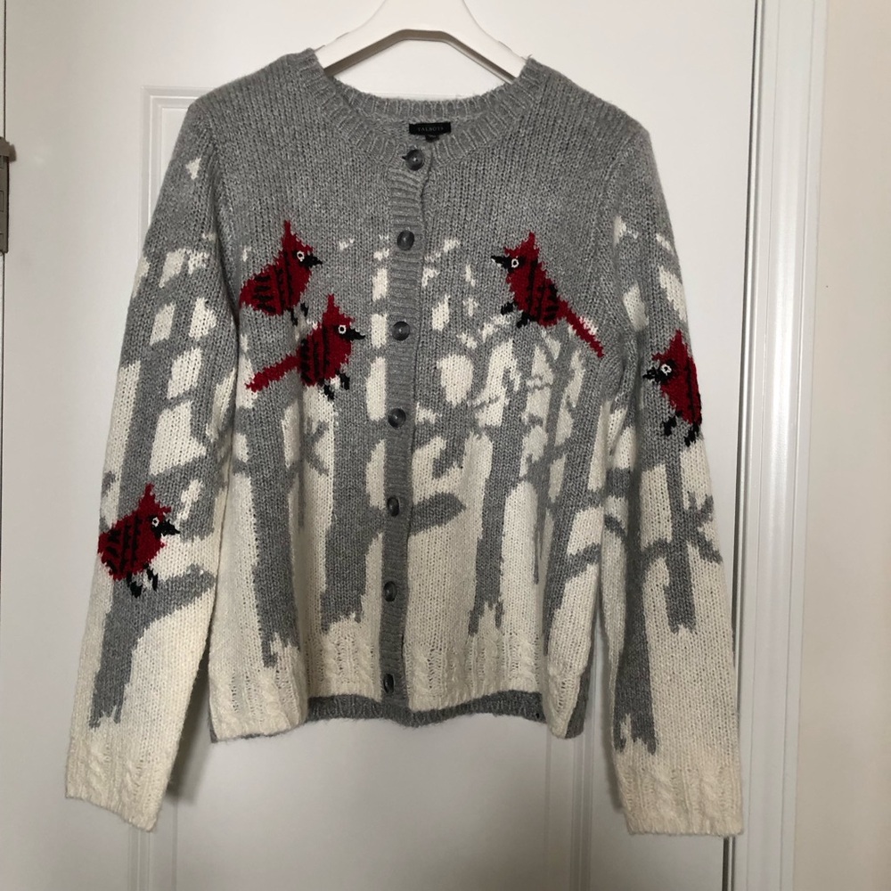 Talbots Gray and Cream Cardigan with Red Bird Motif